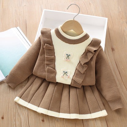 A Girls sweater set  autumn and winter new sweet wood ear ear knitted long -sleeved sleeve two -piece tide