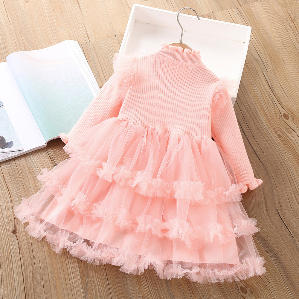 A girls sweater dress autumn and winter new foreign style sweet knitted splicing mesh long sleeve cake princess dress