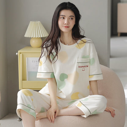 A pajamas women's summer cartoon pure cotton short-sleeved cropped pants casual loose round neck can be worn outside summer loungewear suit