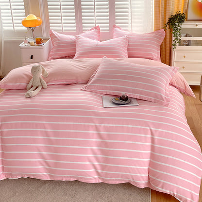 A Thickened pure cotton abraded four-piece set, unprinted wind-washed cotton bed sheet quilt cover three-piece set, student dormitory bedding