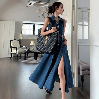 A denim blue hollow waist dress women's 2024 summer new slim side waist split temperament medium and long skirt