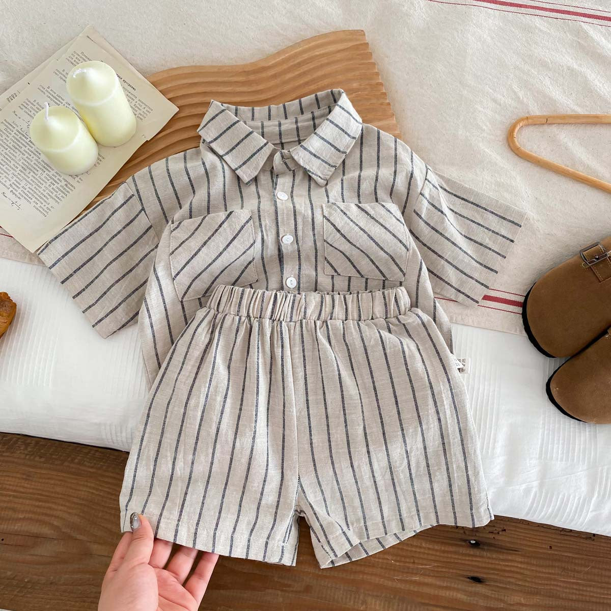 A Children's Korean version retro striped short-sleeved shirt shorts set for babies and boys and girls in summer thin casual trendy clothes