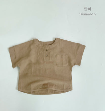 Children's Korean Shirt Summer New Round Neck Cotton Linen Shirt Men's and Women's Foreign Atmosphere Bat Sleeve Open Sleeve Short Sleeve Top 0.3kg