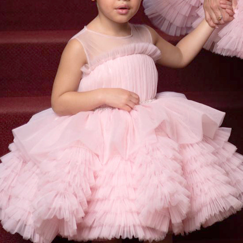 Vestido de niña rosa con falda cruzada, vestido de boda para niños, vestido de princesa hinchado, vestido de cumpleaños para niño de flores, vestido de actuación de piano, 0,6 kg 