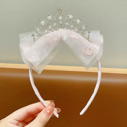 PRICE FOR 10 PIECE Princess temperament Crown tiara little girl gauze bow Pearl hairband pleated lace embroidered headband hairpin (weight:0.05kg)