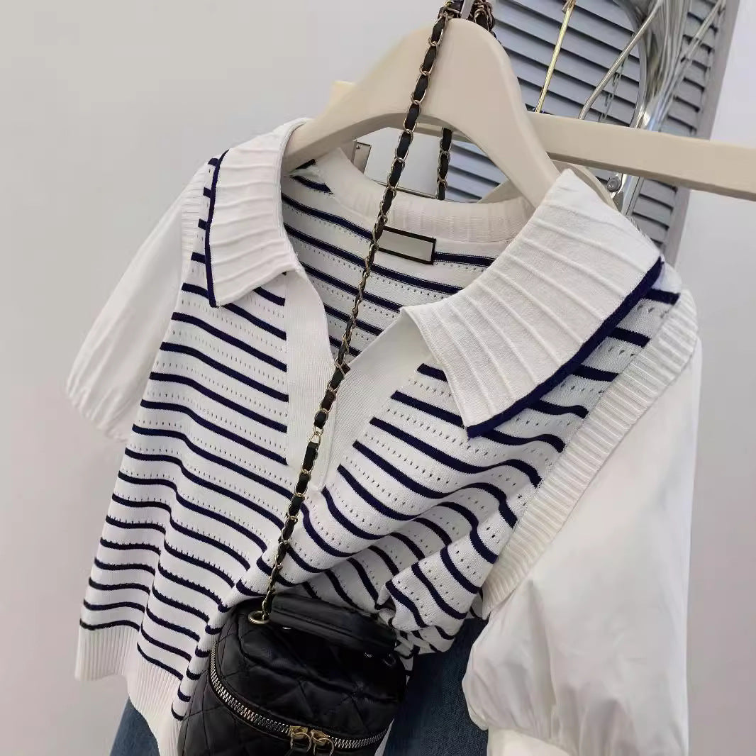 A striped fake two-piece bubble-sleeved polo shirt women's summer design sense niche short-sleeved front shoulder t-shirt small top