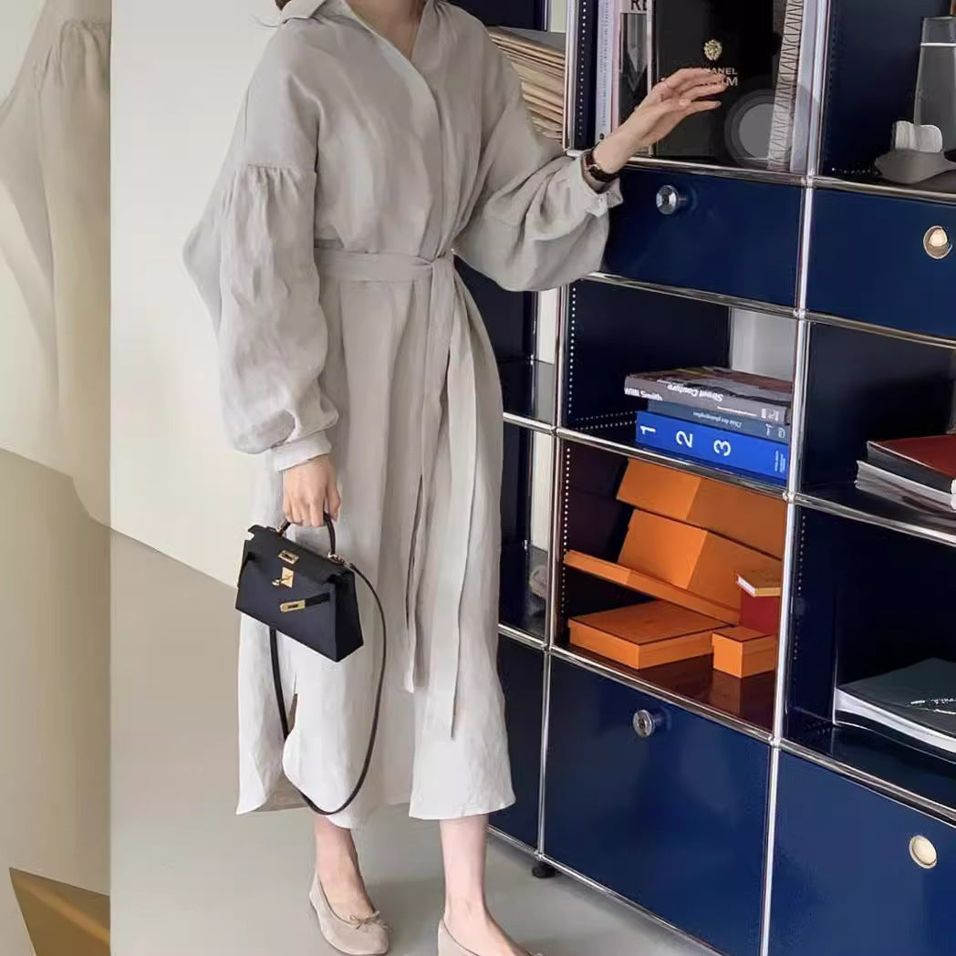 A Japanese and Korean chic spring and summer retro literary and artistic lace-up waist and thin lantern sleeves knee-length long-sleeved dress