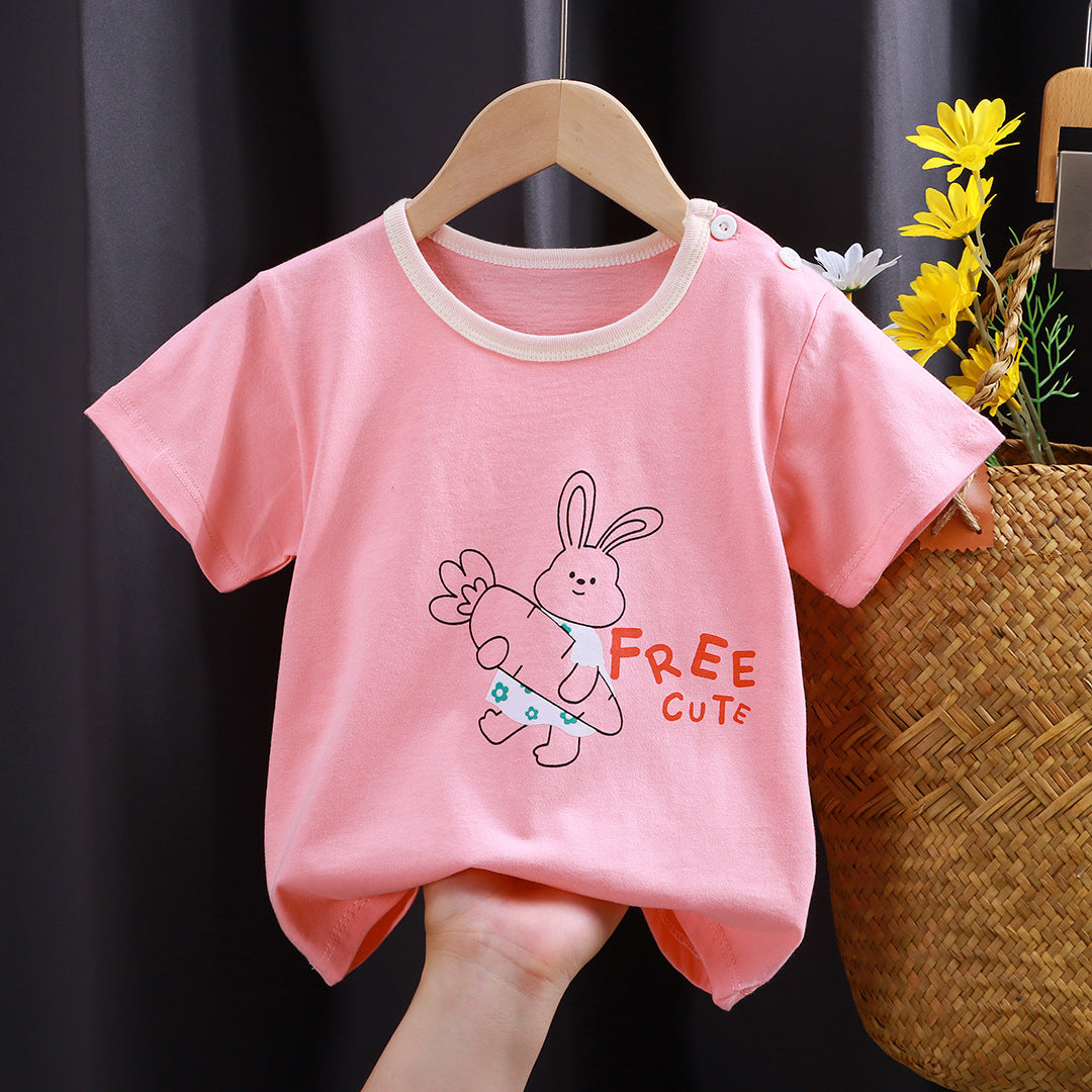 Nueva camiseta de manga corta para niños de puro algodón para niñas, ropa de verano para bebés, ropa de verano para niños, una pieza para reemplazo de cabello. 