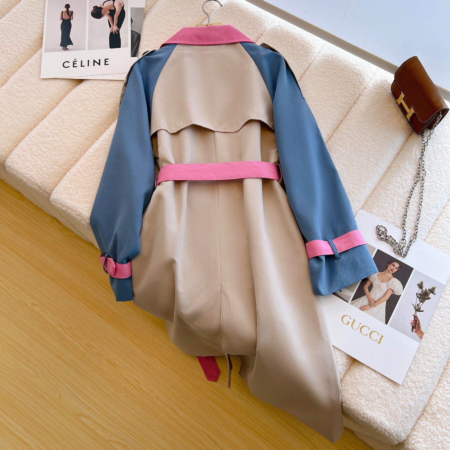 A Contrast color trench coat women's medium and long spring and autumn new fashion age-reducing design sense niche loose and thin coat women