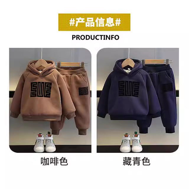 A children's new autumn and winter velvet hooded sweater beautiful suit foreign style baby children's winter clothing handsome fried street