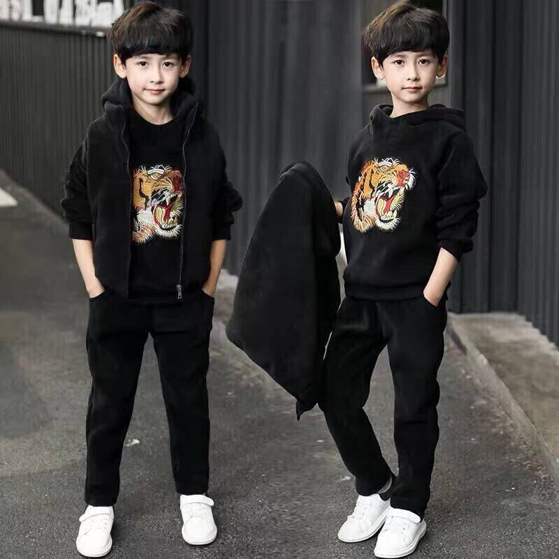 A boys autumn and winter suit new fleece thickened sweater three-piece set medium and older children's Korean version double-sided fleece children's clothing