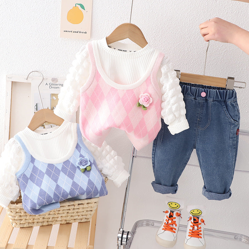 A children's set female flower cute sweet wind candy color sweater vest three-piece set new spring and autumn baby set