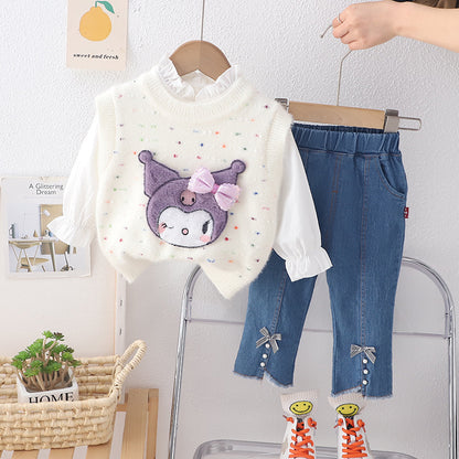 A new cartoon set girls sweater spring children's autumn sweater vest set three-piece wholesale