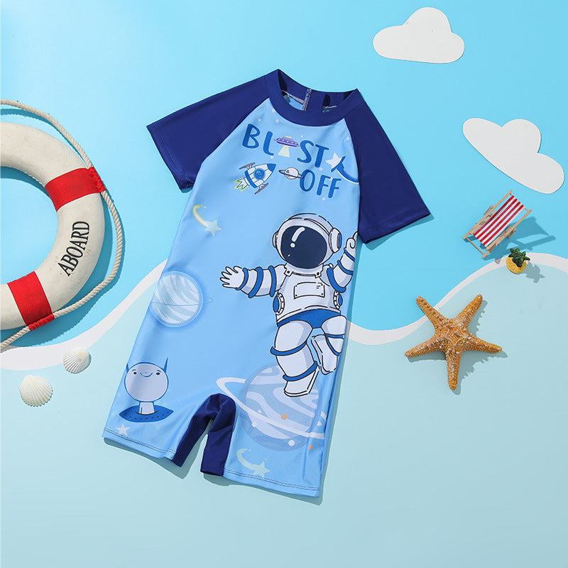 A children's swimsuit, boys and girls, one piece short sleeved sports swimsuit, middle and large children's student cartoon casual swimsuit wholesale 0.14KG