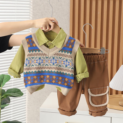 A baby autumn new vest full of printed cotton shirt casual trousers three-piece set children's clothing manufacturers wholesale