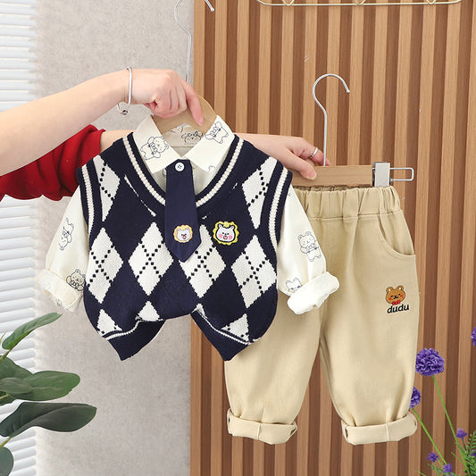 A boys and girls pullover plaid sweater vest three-piece set spring and autumn new children's foreign clothes children's set wholesale