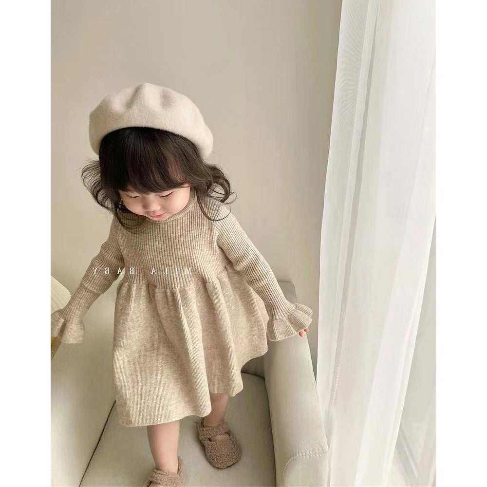 A Children's wool skirt Girls' winter new knitted long-sleeved dress Korean version baby bottom skirt