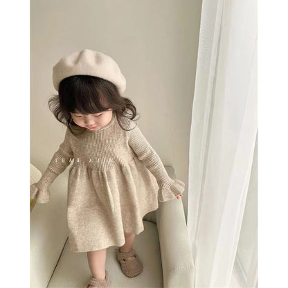 A Children's wool skirt Girls' winter new knitted long-sleeved dress Korean version baby bottom skirt