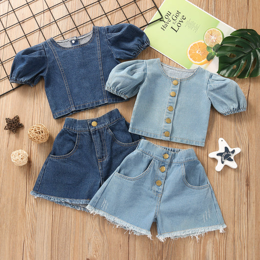 Girls summer fashion denim set, girls bubble sleeved short denim top+raw edge denim shorts 0.2kg