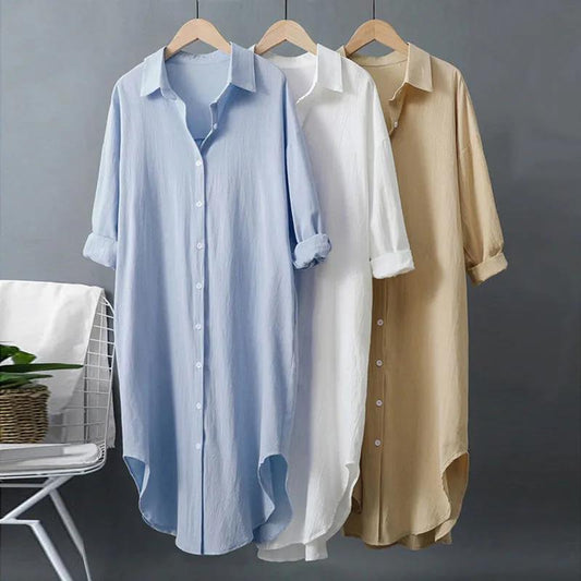 Camisa blanca de algodón y lino con protección solar para mujer, ropa exterior de otoño, nueva, versátil, holgada, informal, vestido camisero de largo medio PESO: 200G