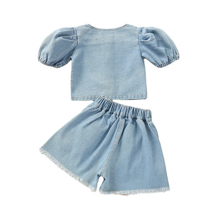 Children's Summer Short Sleeve Set, Little Girl Blue Denim Buttons, Fashion Korean Children's Clothing 0.2kg