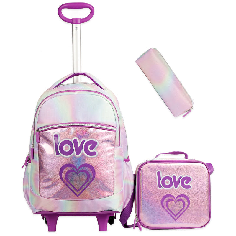 Mochila escolar con ruedas 2023 para estudiantes de primaria, mochila de fútbol de tres piezas, mochila con ruedas para niños de alta calidad de color morado Love 