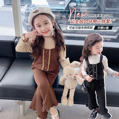 Girls' lace vest three-piece spring and autumn style new foreign fashion children's casual set baby autumn suit 0.5kg