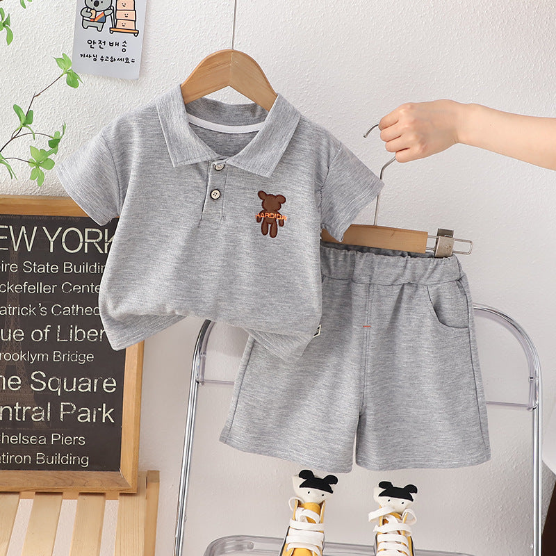 Children&#039;s summer thin cotton embroidered bear short sleeve suit 2023 new boy handsome lapel short sleeve 0.3kg