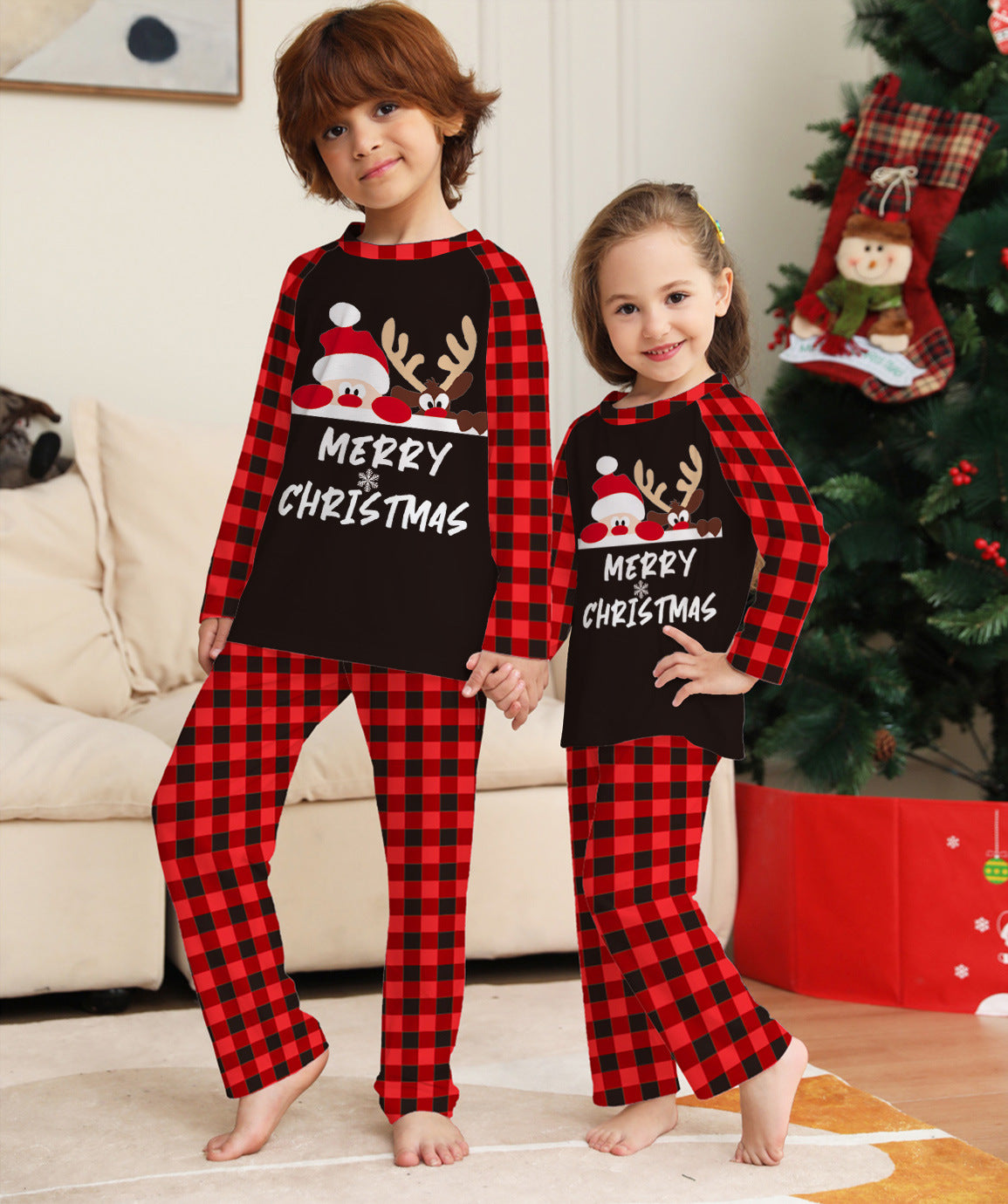 2023 European and American Amazon Cross border New Letter Checkered Christmas Parent Child Dress Printed Home Furnishings and Pajamas