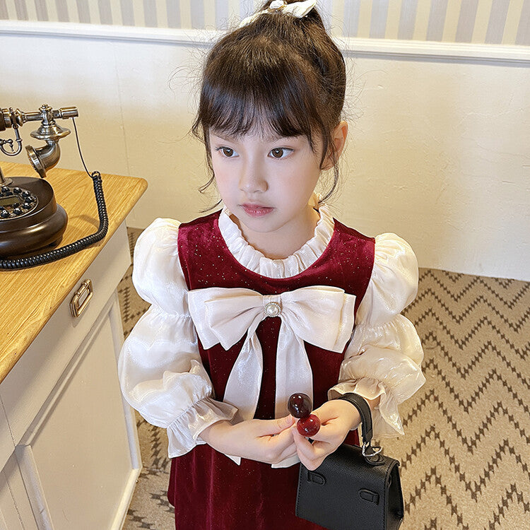 Girls&#039; Spring and Autumn Long Sleeve High-end Dress Western Style Hepburn Small Fragrant Bow Bubble Sleeve Dress Skirt