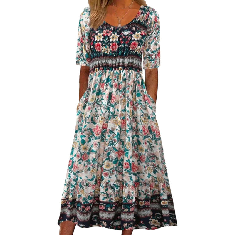 A 2024 Europe, America, Amazon Summer New Women's Crew Neck Short Sleeve Long Dress Bohemian Print Dress Women