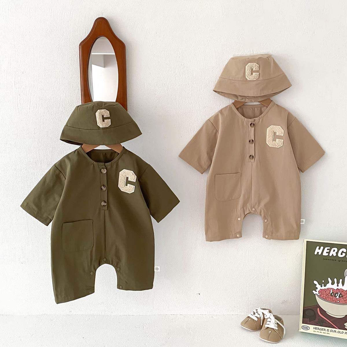 A 2024 Spring Korean version of the baby crawling clothes, boys' workwear, loose onesies, children's long-sleeved clothes, and hats