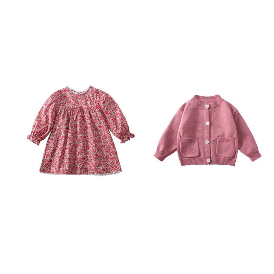 Chaqueta de suéter rosa melocotón para niñas, ropa de otoño 2023, vestido floral dulce Chaoxian para bebés, conjunto de falda para niños, 0,2 kg