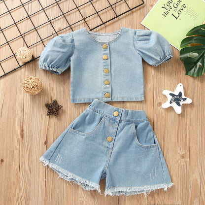 Children's Summer Short Sleeve Set, Little Girl Blue Denim Buttons, Fashion Korean Children's Clothing 0.2kg