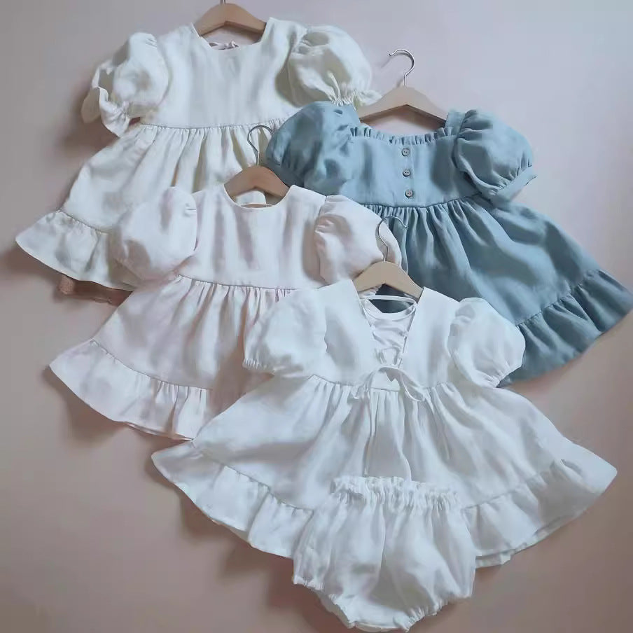 A summer cotton and linen baby girl two-piece set, princess skirt, bubble sleeve top, triangle shorts, girl Instagram cross-border