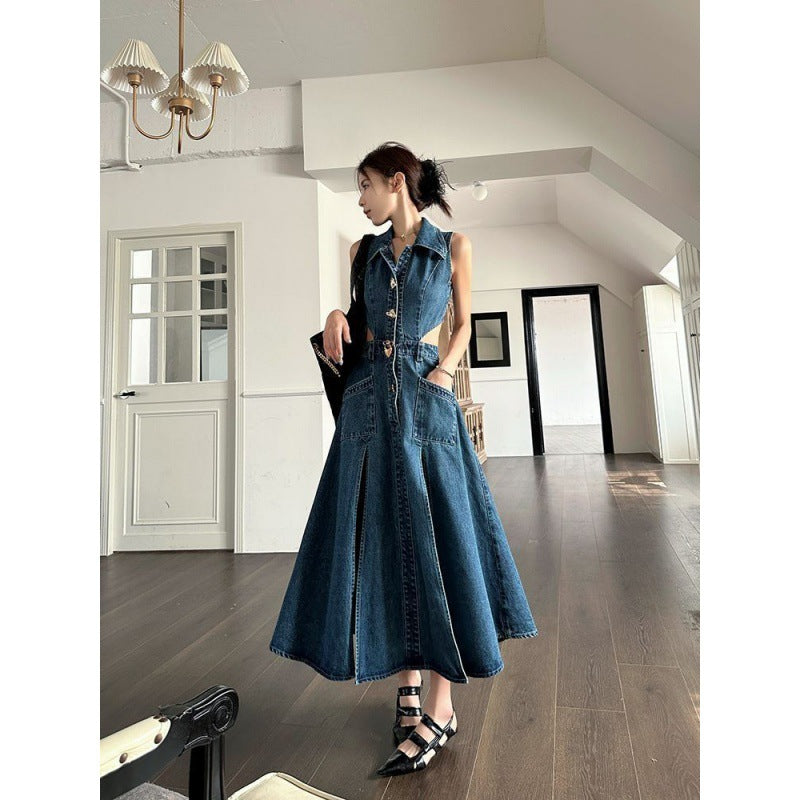 A denim blue hollow waist dress women's 2024 summer new slim side waist split temperament medium and long skirt