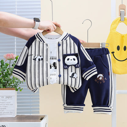 A Boys Autumn Suit New Children's Vertical Strip Cartoon Foreign Style Baseball Suit Baby Casual Jacket Three-piece Set