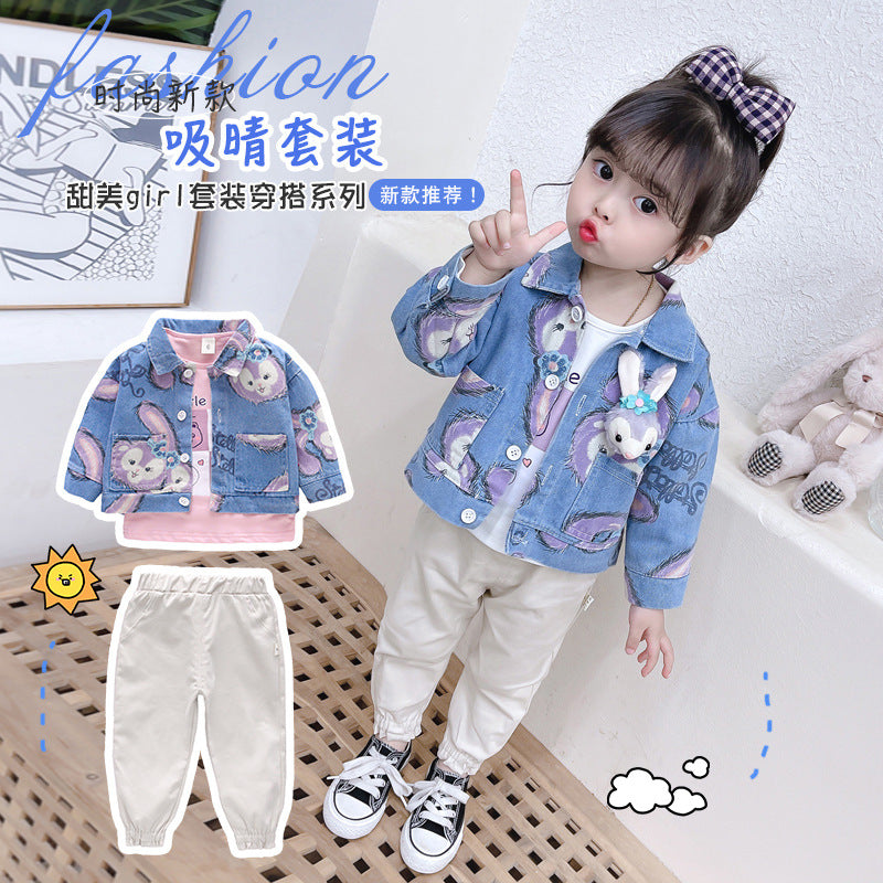 Small and medium-sized children's rabbit head denim jacket three piece set for girls long sleeved denim outer jacket cute set 0.3kg