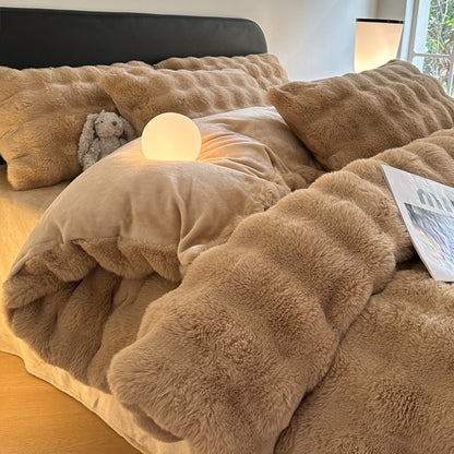 Class A 400 high gram weight light luxury sense of luxury winter thickened rabbit rabbit down four-piece set milk velvet warm quilt cover solid color 4.0kg