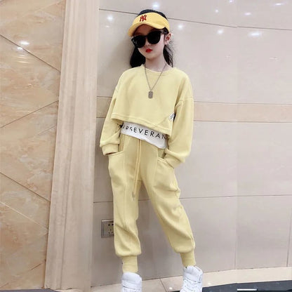 Girls' casual suit, fashionable fake two-piece girl's sweatshirt, trousers, sportswear, two-piece autumn suit, foreign children's suit, 0.38kg