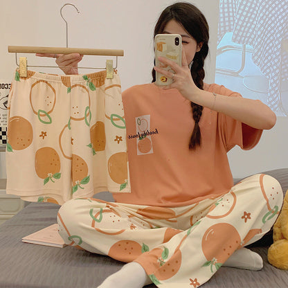 A pajamas women's three-piece set of pure cotton summer short-sleeved trousers cartoon cute can be worn outside 2024 new loungewear summer