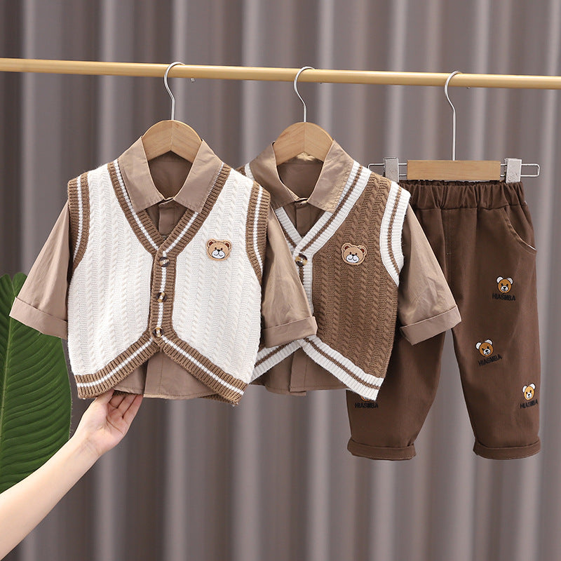 A boys autumn suit new children's spring and autumn foreign style boys baby sweater vest cardigan three-piece trendy set