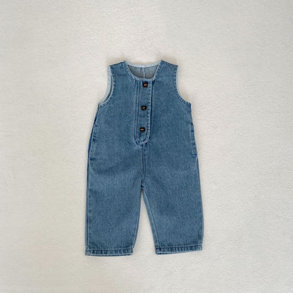 A Spring infants and toddlers 0-3 years old female treasure striped top + denim vest long climbing 2-piece set can be sorted