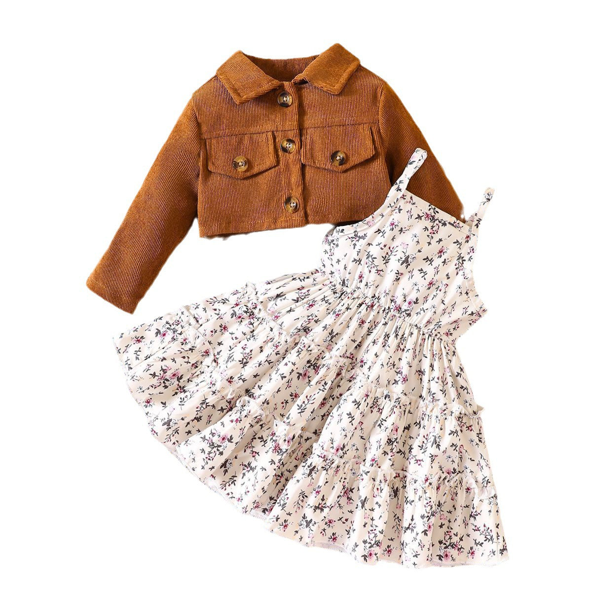 Vestido plisado con tirantes florales para niña, primavera y otoño, solapa, manga larga, chaqueta pequeña, 0,25 kg 