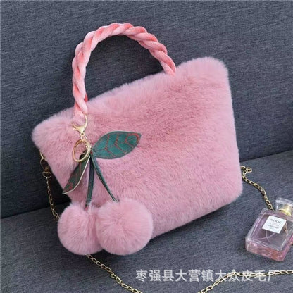 Bolso de mano con forma de conejo de peluche y cerezas, bonito y femenino 