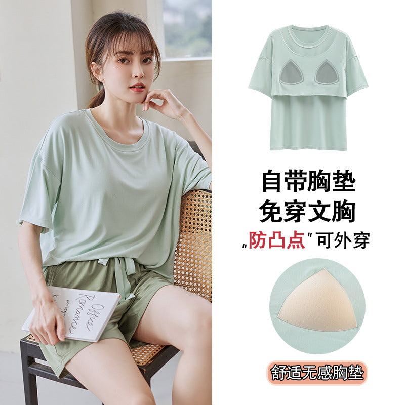 A 2024 Modal pajamas women's summer thin short-sleeved shorts anti-bumps with chest pads loungewear suit can be worn outside