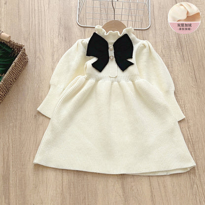 Girls' woolen dress, children's knitted dress, new bow fashion long dress, baby girl dress