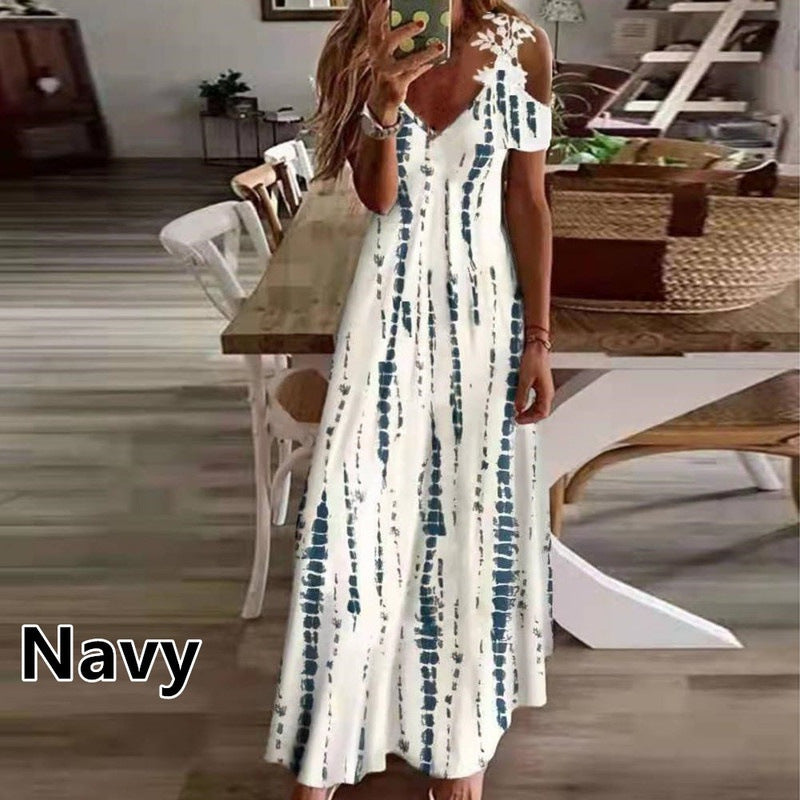 A 2024 European and American cross-border Amazon women's clothing summer new lace suspender v-neck fashion printed loose dress