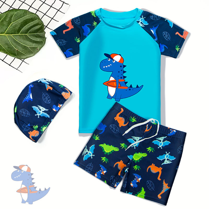 A new children's swimsuit three piece set cute cartoon boys small, medium and large children's swimsuit baby one piece swimsuit wholesale 0.2KG