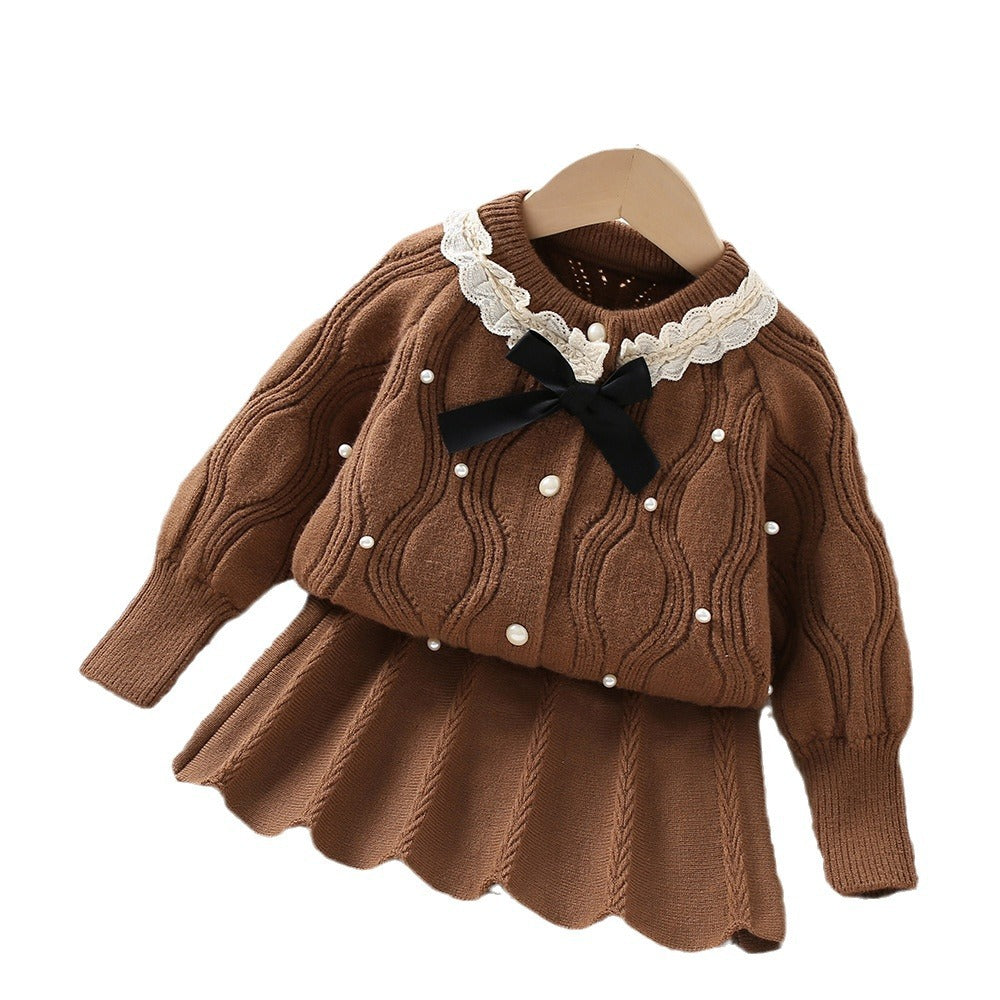 A girls sweater set autumn and winter new Korean version fashionable solid color bead bow knitted cardigan short skirt two